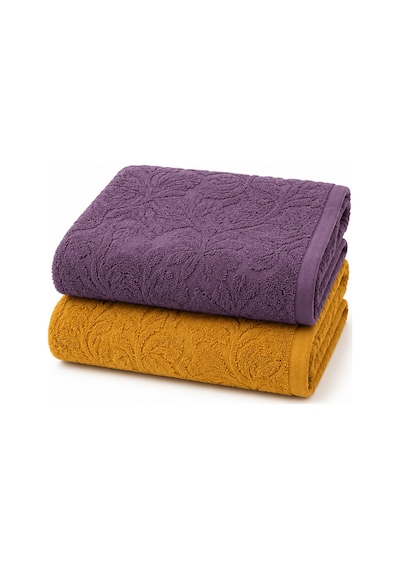 2'li Jakarlı Büyük Boy Banyo Havlusu 90x150 Cm %100 Pamuk Lorea 650 Gr Hardal-mor