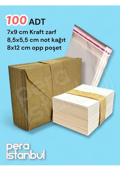 100 Adet Mini Zarf 70mmx90mm Kraft Zarf Hediye Doğum Günü Dilekleri Zarfı Beyaz Not Kartlı Poşetli