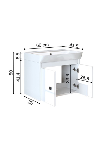 Ada Lavabolu Mat Suntalam Banyo Alt Dolabı 60 Cm Beyaz Mat Beyaz