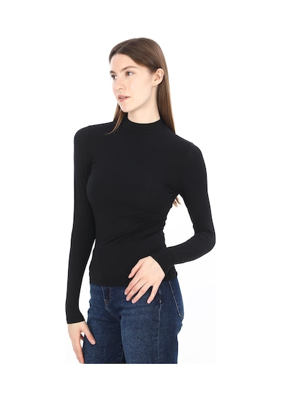 Kadın Modal Dik Yaka Slim Fit Tişört-siyah Siyah