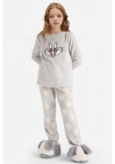 Defacto Kız Çocuk Looney Tunes Pijama Takımı Nakışlı Pelüş Uzun Kollu Üst Uzun Alt D1069a825wngr294 Gri