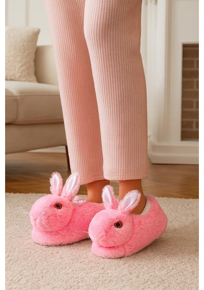 Modaonn Kadın Hayvanlı Kışlık Peluş Tavşan Panduf Ev Terliği Pembe