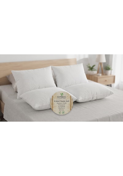 4 Adet Bamboo Kılıflı Yastık Seti Yıkanabilir Antialerjik Elyaf Yastık 50x70cm 800 Gr Beyaz