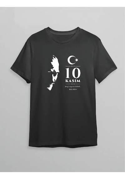 Veraura Lifestyle 10 Kasım Atatürk Anma Günü Silüet Baskılı Oversize Bisiklet Yaka T-shirt - Siyah