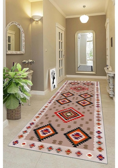 Pelangi Kilim Desenli Etnik Dijital Baskı Yıkanabilir Kaymaz Taban Modern Salon Halı Ve Yolluk, Bej 60 X 200, 9554118 Çok Renkli