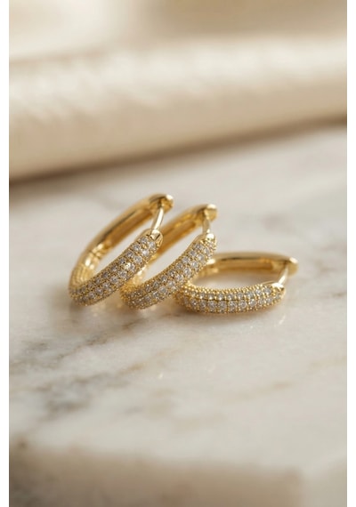3 Lü Set Gold Renk Zirkon Taşlı Kare Halka Küpe Altın