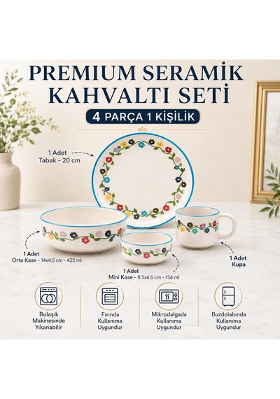 Tr Seramik El Yapımı Kahvaltı Takımı 4 Parça Kahvaltı Seti Oval Seramik Sunum Tabağı Çeyizlik Takım, Bahar Ç Diğer