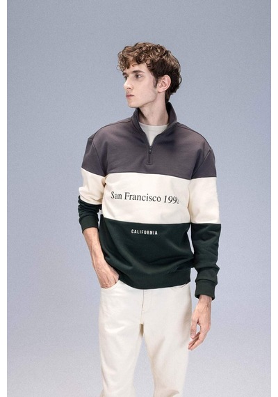 DeFacto Relax Fit Dik Yaka Fermuarlı Baskılı Kalın Sweatshirt D2562AX24AUAR63