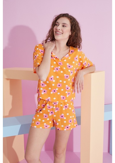 Siyah İnci Likralı Örme T-shirt-şort Pijama Takım Turuncu Puan
