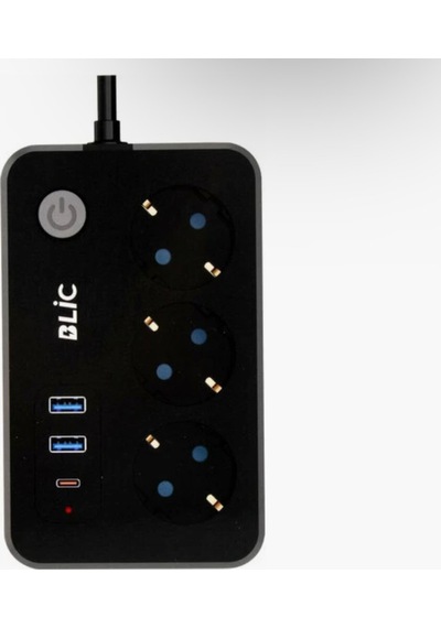 Termal Akım Korumalı 3'lü Priz 2 Metre - 2 Usb + 1 Type-c Hızlı Şarjlı Çoklu Priz 2500w Ftr-02 Blic 2 m