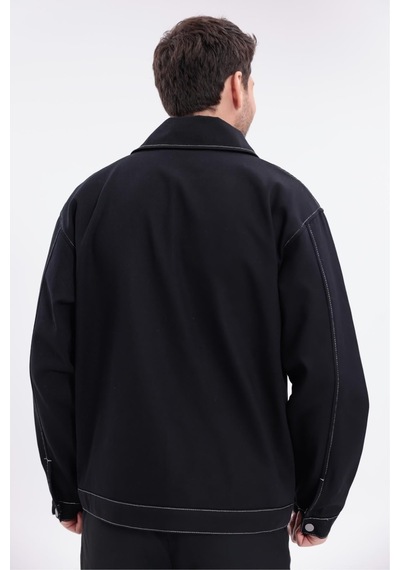 Erkek Dikiş Detaylı Oversize Gabardin Ceket - Mont-392 Siyah