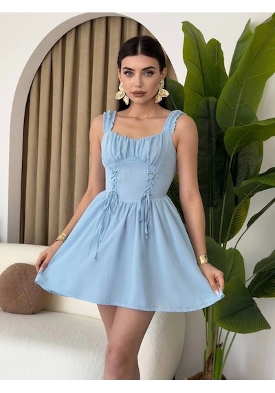 Defymoda Aria Büzgü Askılı Elbise Mavi