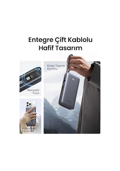 Ugreen 20.000 Mah 30w 2 Dahili Kablolu Hızlı Şarj Powerbank, 55985b Gri