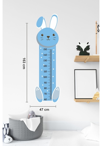 MSticker Sevimli Mavi Tavşan Çocuk Bebek Odası Boy Cetveli Sticker 47x163cm