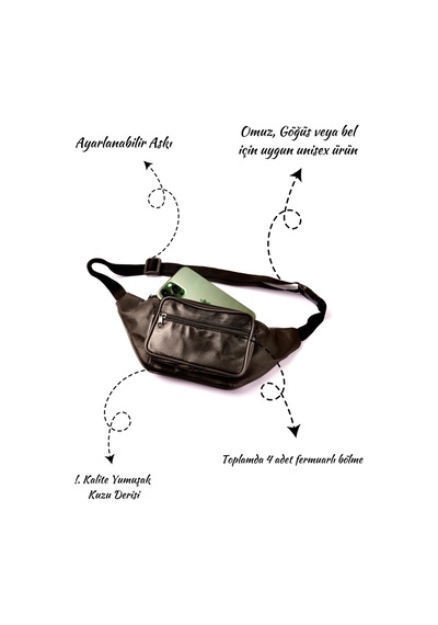 Unisex Siyah Hakiki Deri Freebag Bel Ve Göğüs Çantası Siyah