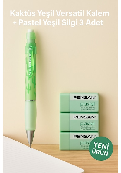 Lavanta Versatil Kalem + Pastel Mor Silgi 3 Adet Yeşil