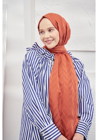 Armanda Jakarlı Şal - Zigzag Desenli - Kiremit - Kiremit