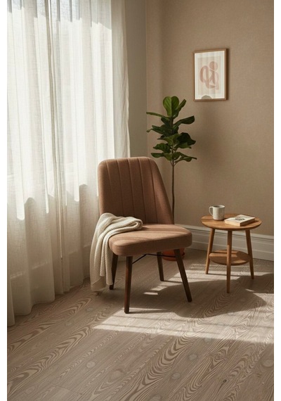 Nora 1 Adet Sandalye - Keten Kumaşlı Sandalye Modern Ahşap Ayaklı Yemek & Çalışma Sandalyesi Minimal Tasarım Açık Kahverengi