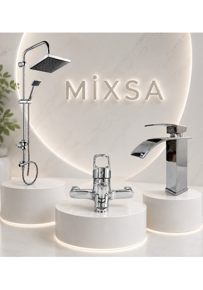 Lüx Krom Robot Duş Seti Banyo Bataryası Premium Şelale Akışlı Lavabo Bataryası 3'lü Set Çift Su Girişli Batarya