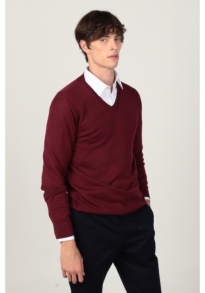 Tudors Slim Fit Dar Kesim V Yaka Pamuklu Erkek Kazak-8087 Bordo