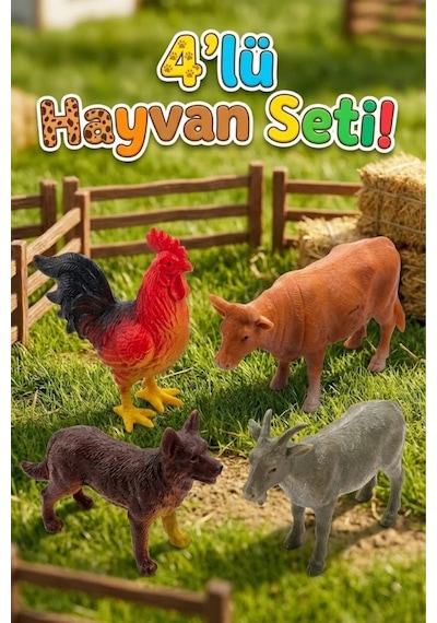 4'lü Eğitici Çiftlik Hayvanları Figür Seti - Gerçekçi Oyuncak Hayvanlar İnek, Horoz, Köpek, Keçi Hayvanlar