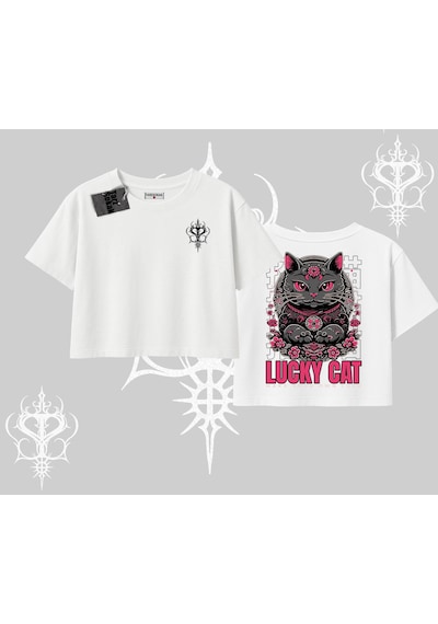 Tarzsokak Lucky Cat Japon Tarzı Kedi Baskılı Oversize Crop Tshirt Beyaz