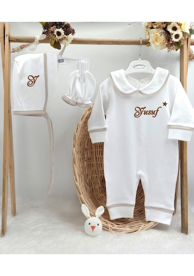 Gros Shop Biyeli 3'lü %100 Pamuklu Hastane Çıkış Tulum Seti Kişiye Özgü İs Kahverengi