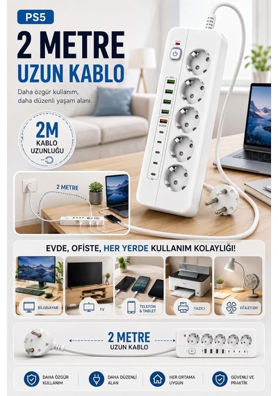 5'li Akım Korumalı Priz 3500w 16a, 4 Usb-a Ve 5 Type-c Çıkışlı, Qc 3.0 20w Hızlı Şarj, 2 Metre Kablolu Çoklu Priz Ps-5 Diğer