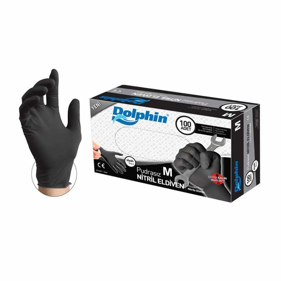 Şeylişeyler - Dolphin Siyah Nitril Eldiven M Beden Medium Pudrasız Muayene Eldiveni - 1 Paket 100 Adet