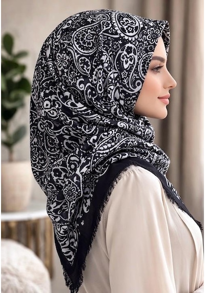 Sinem Emprime Koton Eşarp - Siyah / Gri-6292 SİYAH-BEYAZ