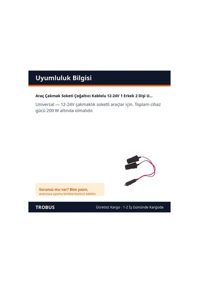 Trobus Araç Çakmak Soketi Çoğaltıcı Kablolu 12-24v 1 Erkek 2 Dişi Uçlu