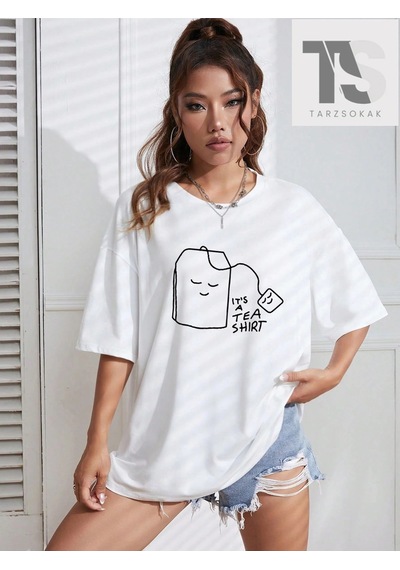 Startmore Karikatür & Slogan Grafikli Düşük Omuzlu Oversize Tişört Beyaz