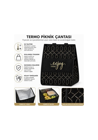 Termoslu Piknik Çantası 30x20x40 Cm, Isı Yalıtımlı Alüminyum Kaplamalı İç Yüzey, Keçe Dış Yüzey, Katlanabilir Termal Alışveriş Plaj Kamp Piknik Çantası Siyah