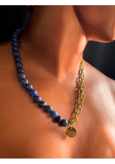 Lapis Lazuli Doğal Taş Kabartma Zincirli Gold Çelik Kolye Altın