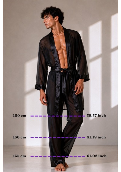 Qmen Style Erkek Şifon Kimono- Pijama - Şort Seti Siyah