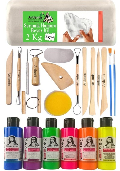 Beyaz Seramik Hamuru 2 Kg Seramik Başlangıç Seti Ebeşuar Modelleme Monalisa 6 Renk Neon Akrilik Boya Fırça 70ml Heykel