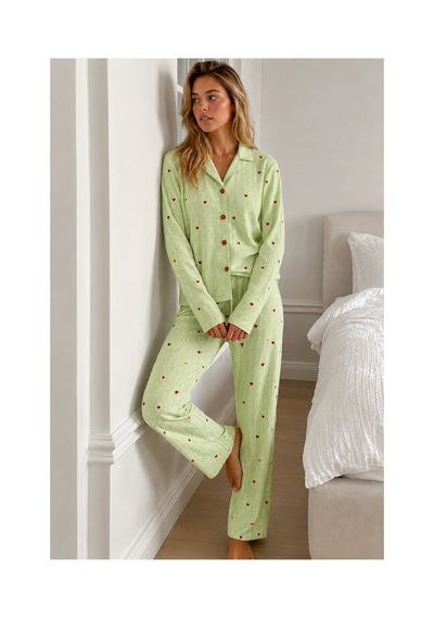 Fit Women Kadın Puantiyeli Uzun Kollu Düğmeli Yeşil Pijama Takımı