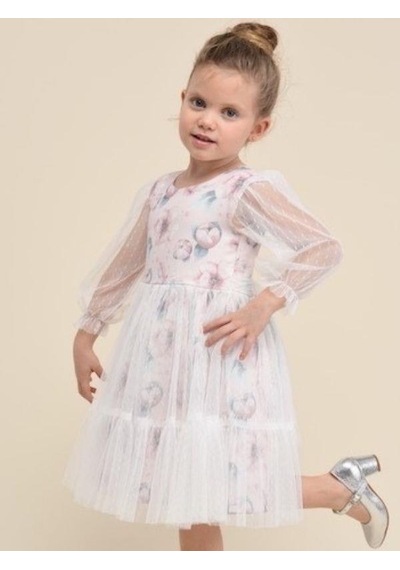 Kız Çocuk Kolları Puanlı Tül Detaylı Çiçek Desenli Abiye Elbise-15841 Renkli