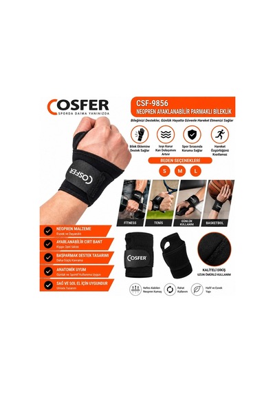 Premium Bileklik Unisex Rahat Cosfer Csf9856 Neopren Ayarlanabilir Parmaklı El Bilekliği Çok Renkli