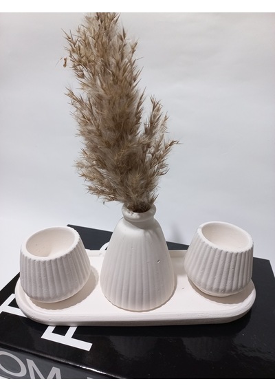 Pampas Vazolu Tabaklı İkili Tealight Mumluk Set Beyaz