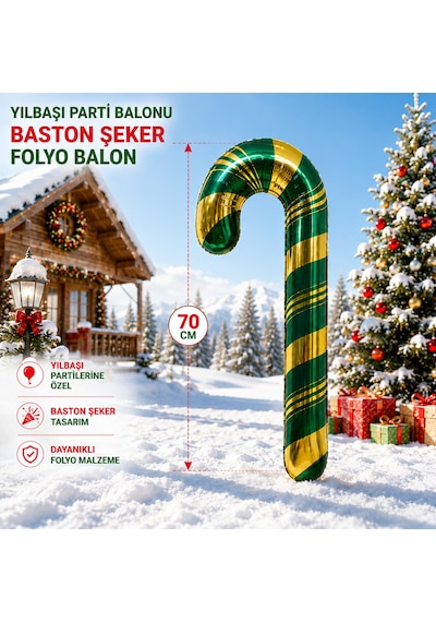 Vıp Kalite 2 Adet 70 Cm Yeşil Gold Baston Şeker Folyo Balon Gold Yeşil Baston Şeker Yılbaşı Balonu