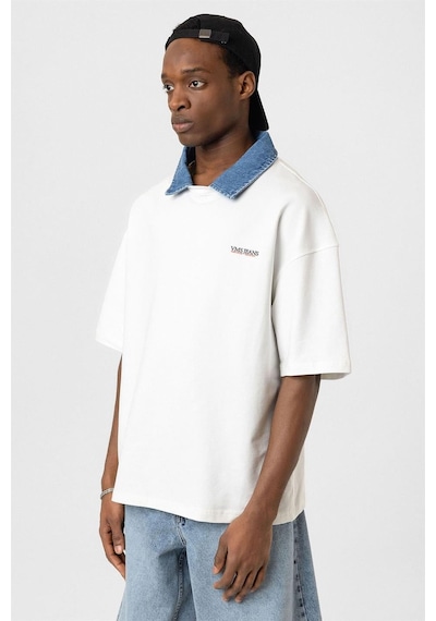 Polo Yaka Yazı Detaylı Oversize Tişört Ekru
