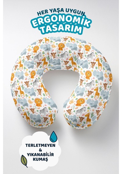 Sevimli Safari Hayvanları Pamuklu Boyun Yastığı - Renkli Turuncu Gri Seyahat Yastığı Koyu Taş Bakır