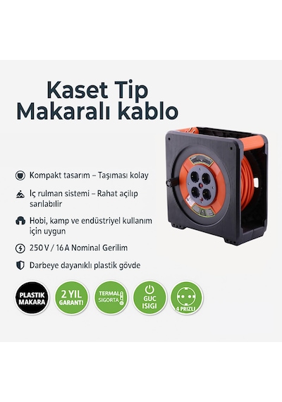 Makaralı Cca Uzatma Kablosu 50 Metre 3x1.5 Mm 4 Prizli Termal Sigortalı Plastik Seyyar Kaset Tipi