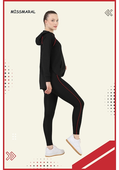 Kadın Eşofman Takım Siyah Üst Tunik & Siyah Regular Fit Lycralı Tayt Dalgıç Kumaş Aktif Spor 3060 Siyah Kırmızı Şeritli