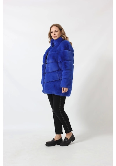 Moda Berray 3258 Kadın Fermuarlı Dık Yakalı Lüks Suni Kürk Kaban Saks