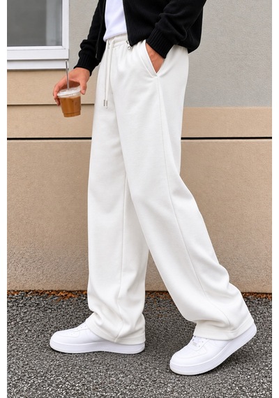 Tarz Cool Erkek Oversize Baggy Fit Eşofman Altı %100 Pamuk 3 İplik Şardonlu Bol Paça Rahat Kesim Beyaz