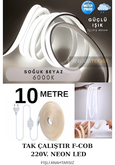 Ankara Teknik 220 Volt Cob Neon Led Beyaz 6000k F-cob Led Yüksek Lümen Dış-iç Mekan 10 Metre