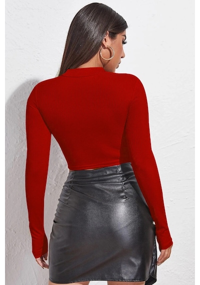 Kadın Kırmızı Göğüs Dekolteli Uzun Kollu Cut Out Crop Top Bluz