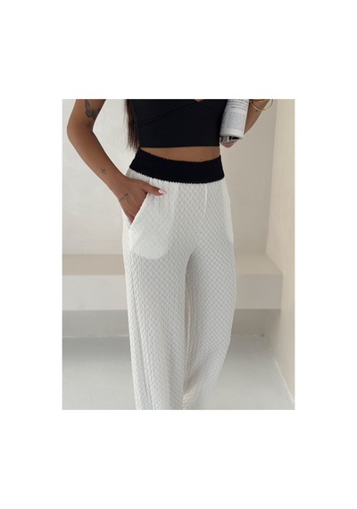 Gugus Kadın Gofre Beli Güpür Lastikli Wide Lege Yazlık Pantolon Beyaz